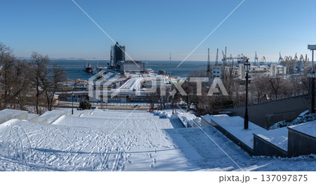 Snowy winter cityscape of UNESCO historic center of Odessa, Ukraine Snowy winter cityscape of UNESCO historic center of Odessa, Ukraine 137097875