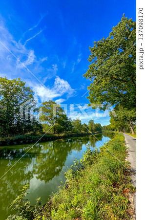 Colorful nature scene, Clear blue sky above tranquil green waterway Colorful nature scene, Clear blue sky above tranquil green waterway 137098170