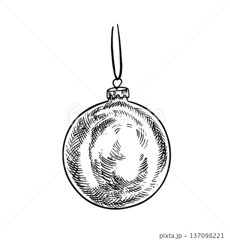 Christmas tree ball. Black and white graphics, handmade vector illustration. Isolate. Christmas tree pendant decoration. Element of your design for postcards, posters, banners, packaging, and more. 137098221