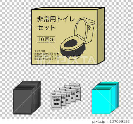 Emergency toilet kit package and contents (no text) Emergency toilet kit package and contents (no text) 137099182