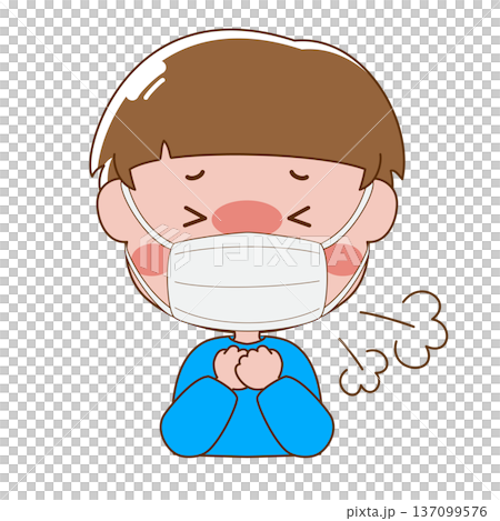 Illustration of a boy wearing a mask who has a fever and is coughing Illustration of a boy wearing a mask who has a fever and is coughing 137099576