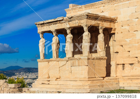 The Caryatid porch of Erechtheion (Erechtheum) or Temple of Athena Polias is an ancient Greek Ionic temple on the north side of the Acropolis in Athens, Greece 137099818