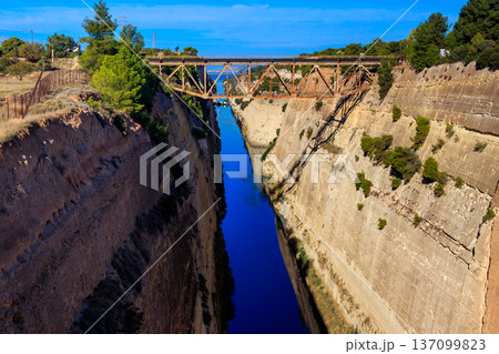 The Corinth Canal is a canal that connects the Gulf of Corinth with the Saronic Gulf in the Aegean Sea in Greece The Corinth Canal is a canal that connects the Gulf of Corinth with the Saronic Gulf in the Aegean Sea in Greece 137099823