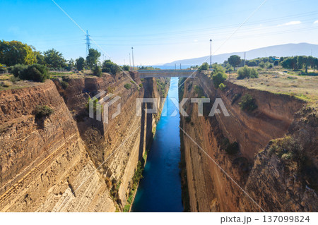 The Corinth Canal is a canal that connects the Gulf of Corinth with the Saronic Gulf in the Aegean Sea in Greece The Corinth Canal is a canal that connects the Gulf of Corinth with the Saronic Gulf in the Aegean Sea in Greece 137099824