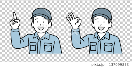 工人做出“OK”手勢並指向 工人做出“OK”手勢並指向 137099858