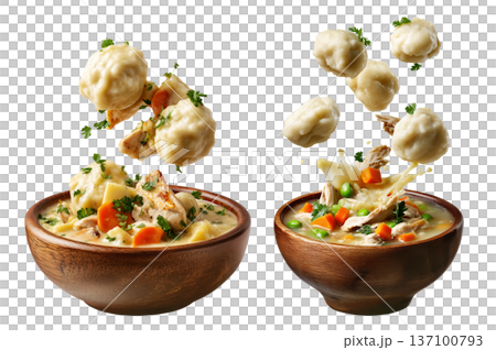 Hearty chicken and dumplings soup with peas and carrots in wooden bowl, floating dumplings, isolated on white background Hearty chicken and dumplings soup with peas and carrots in wooden bowl, floating dumplings, isolated on white background 137100793