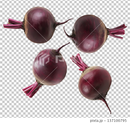 Whole red beetroots arranged in a scattered pattern, isolated on a white background, representing organic vegetables 137100795