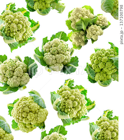 Multiple fresh green cauliflower heads isolated on white background, concept of healthy food and vegetables Multiple fresh green cauliflower heads isolated on white background, concept of healthy food and vegetables 137100798