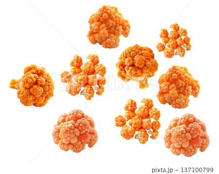 Multiple orange cauliflower florets displayed in seamless organic pattern style on white background, concept of healthy food 137100799
