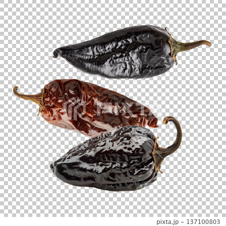 Dried chili peppers scattered and isolated on white background, spicy food concept, showcasing culinary ingredients texture Dried chili peppers scattered and isolated on white background, spicy food concept, showcasing culinary ingredients texture 137100803