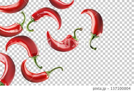 Red chili peppers arranged, isolated on white background, concept of spicy cooking ingredient 137100804