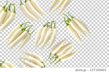Fresh white chili peppers with green stems arranged in groups, isolated on a white background. Concept of spicy food 137100805