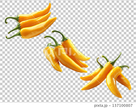 Fresh yellow chili peppers in various bunches, isolated on clean white background, concept of spicy food Fresh yellow chili peppers in various bunches, isolated on clean white background, concept of spicy food 137100807