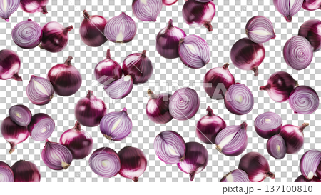 Multiple whole and sliced red onions isolated on white background, showcasing fresh food and culinary concept Multiple whole and sliced red onions isolated on white background, showcasing fresh food and culinary concept 137100810