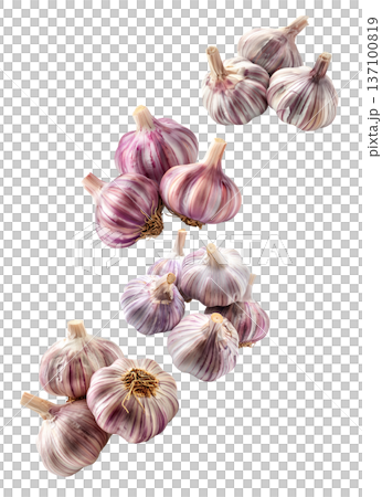 Multiple whole garlic bulbs arranged in a seamless pattern, isolated on white background. Concept of organic food and culinary spice Multiple whole garlic bulbs arranged in a seamless pattern, isolated on white background. Concept of organic food and culinary spice 137100819