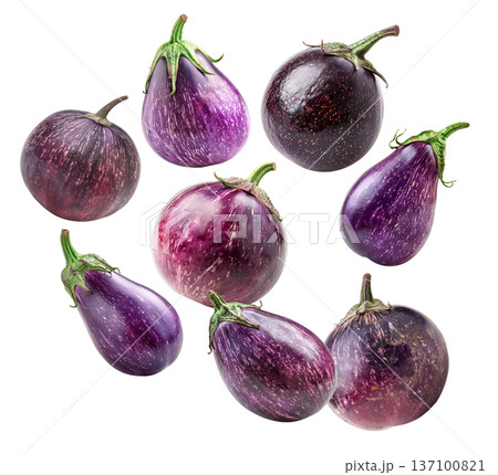 Several purple striped eggplants displayed in scattered pattern isolated on white background, produce and organic food concept Several purple striped eggplants displayed in scattered pattern isolated on white background, produce and organic food concept 137100821