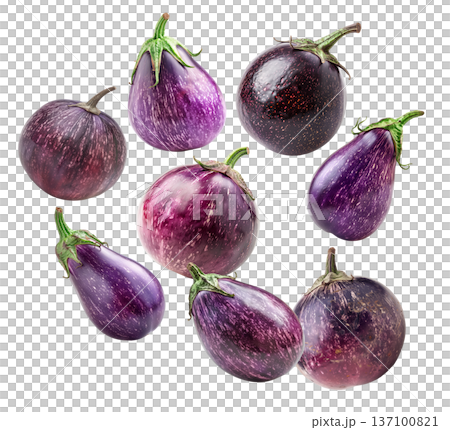 Several purple striped eggplants displayed in scattered pattern isolated on white background, produce and organic food concept Several purple striped eggplants displayed in scattered pattern isolated on white background, produce and organic food concept 137100821
