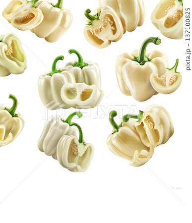 Multiple fresh white bell peppers with green stems scattered and isolated on white background, Concept of healthy organic food 137100825
