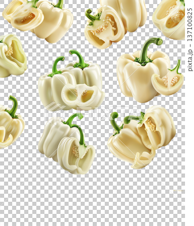 Multiple fresh white bell peppers with green stems scattered and isolated on white background, Concept of healthy organic food 137100825