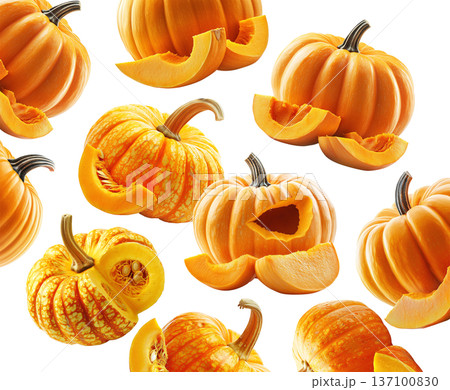 Set of vibrant orange decorative pumpkins with textured skin and water droplets on white background, concept of autumn harvest 137100830