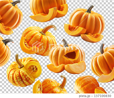 Set of vibrant orange decorative pumpkins with textured skin and water droplets on white background, concept of autumn harvest 137100830