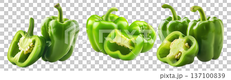 Whole green bell pepper with a sliced half showing seeds and texture, isolated on white transparent background. Whole green bell pepper with a sliced half showing seeds and texture, isolated on white transparent background. 137100839