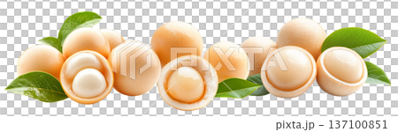Whole and halved longan fruits with juicy translucent flesh and green leaves isolated on white background Whole and halved longan fruits with juicy translucent flesh and green leaves isolated on white background 137100851