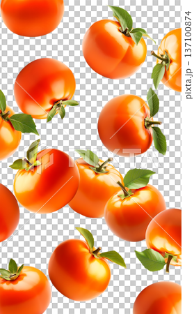 Multiple ripe orange persimmons with green leaves isolated on white background, concept of organic healthy food 137100874