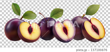 Juicy red and purple plums with green leaves and water droplets on white background, concept of freshness and healthy food 137100876
