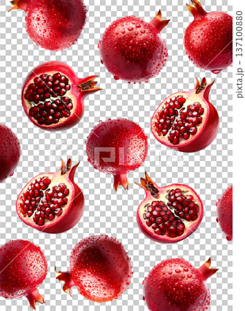 Multiple fresh red pomegranates with water droplets in a seamless pattern, isolated on a white background, concept of freshness 137100880