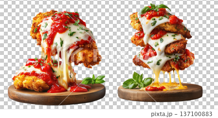 Australia breaded chicken Parmigiana cutlet topped with tomato sauce, melted cheese, and herbs isolated on white background 137100883