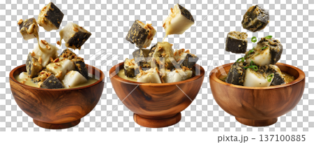 Steamed taro and rice cakes with coconut sauce, scallions, and peanuts in wooden bowl, isolated on white background 137100885