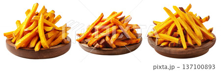 Kumara sweet potato fries served on wooden plate, isolated on white transparent background, concept of New Zealand healthy snack Kumara sweet potato fries served on wooden plate, isolated on white transparent background, concept of New Zealand healthy snack 137100893
