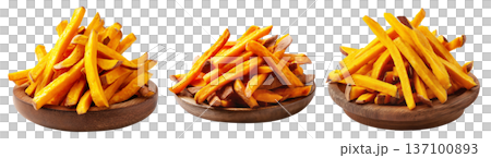 Kumara sweet potato fries served on wooden plate, isolated on white transparent background, concept of New Zealand healthy snack Kumara sweet potato fries served on wooden plate, isolated on white transparent background, concept of New Zealand healthy snack 137100893