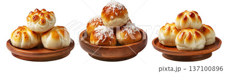 Panipopo sweet rolls baked in coconut milk with golden crust isolated on white background, concept of bakery and food freshness 137100896