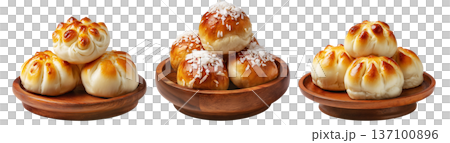 Panipopo sweet rolls baked in coconut milk with golden crust isolated on white background, concept of bakery and food freshness 137100896
