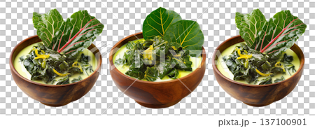Rourou cooked taro leaves in creamy coconut milk, served in wooden bowl with garnishes, isolated on white background, Fiji cuisine 137100901