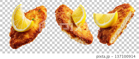 Milanesa breaded beef chicken schnitzel or cutlet with fresh lemon wedge, isolated on white background, South American Cuisine Milanesa breaded beef chicken schnitzel or cutlet with fresh lemon wedge, isolated on white background, South American Cuisine 137100914