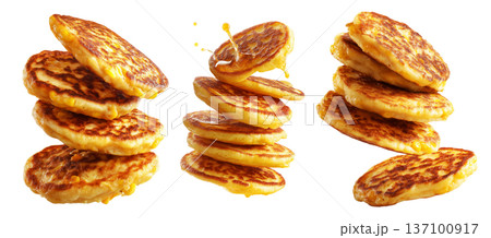 Cachapas sweet corn pancakes flying in air, isolated on white background, concept of South American cuisine Cachapas sweet corn pancakes flying in air, isolated on white background, concept of South American cuisine 137100917