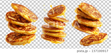 Cachapas sweet corn pancakes flying in air, isolated on white background, concept of South American cuisine Cachapas sweet corn pancakes flying in air, isolated on white background, concept of South American cuisine 137100917