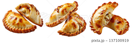 Argentina and Uruguay empanadas stacked in a pyramid, golden baked crust, meat and potato filling, isolated on white background Argentina and Uruguay empanadas stacked in a pyramid, golden baked crust, meat and potato filling, isolated on white background 137100919