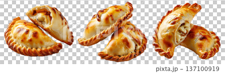 Argentina and Uruguay empanadas stacked in a pyramid, golden baked crust, meat and potato filling, isolated on white background Argentina and Uruguay empanadas stacked in a pyramid, golden baked crust, meat and potato filling, isolated on white background 137100919