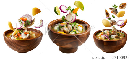 Ecuador encebollado fish seafood soup with onion, yuca, egg and herbs flying from wooden bowl, isolated on white background Ecuador encebollado fish seafood soup with onion, yuca, egg and herbs flying from wooden bowl, isolated on white background 137100922