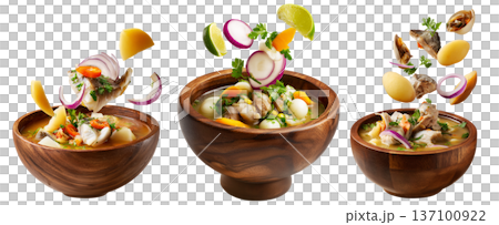 Ecuador encebollado fish seafood soup with onion, yuca, egg and herbs flying from wooden bowl, isolated on white background Ecuador encebollado fish seafood soup with onion, yuca, egg and herbs flying from wooden bowl, isolated on white background 137100922