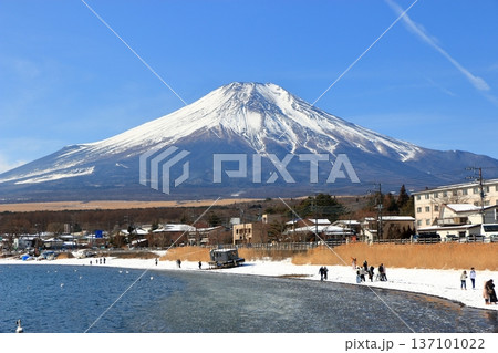 View of Mt. Fuji, Fuji-san, as seen from the shore of Lake Yamanakako during the winter. In Yamanashi prefecture, Japan 137101022