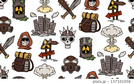 Vector post-apocalyptic doodle pattern. Radioactive fallout. Texture with a gas mask, explosion, and destroyed city. 137101056