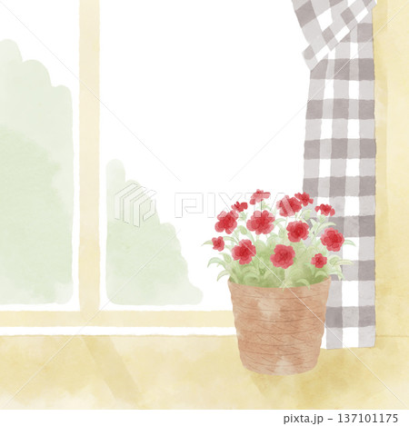 窓辺に置いた バスケットに入ったカーネーションの鉢植えのイラスト　正方形　水彩風 137101175