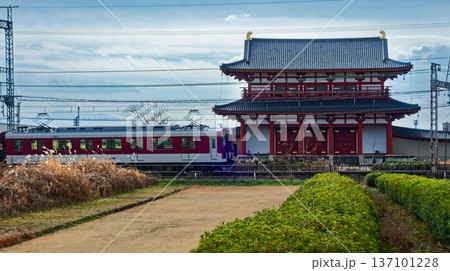 冬の平城宮跡・朱雀門と近鉄電車 137101228
