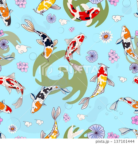 Japanese Koi Fish Pond Seamless Vector Pattern 137101444