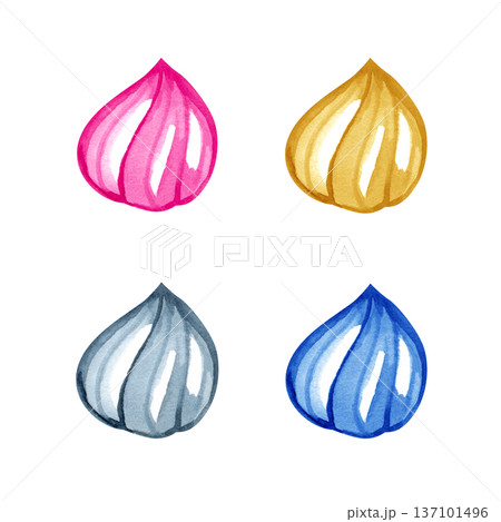 Hand-painted watercolor set featuring four swirls of whipped cream or meringue in pink, gold, silver, and blue. These textured confectionery drops are perfect for bakery branding, dessert menus, and Hand-painted watercolor set featuring four swirls of whipped cream or meringue in pink, gold, silver, and blue. These textured confectionery drops are perfect for bakery branding, dessert menus, and 137101496